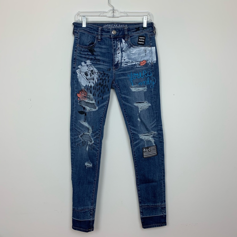 American Eagle Distressed Hi-Rise Painted Jeans